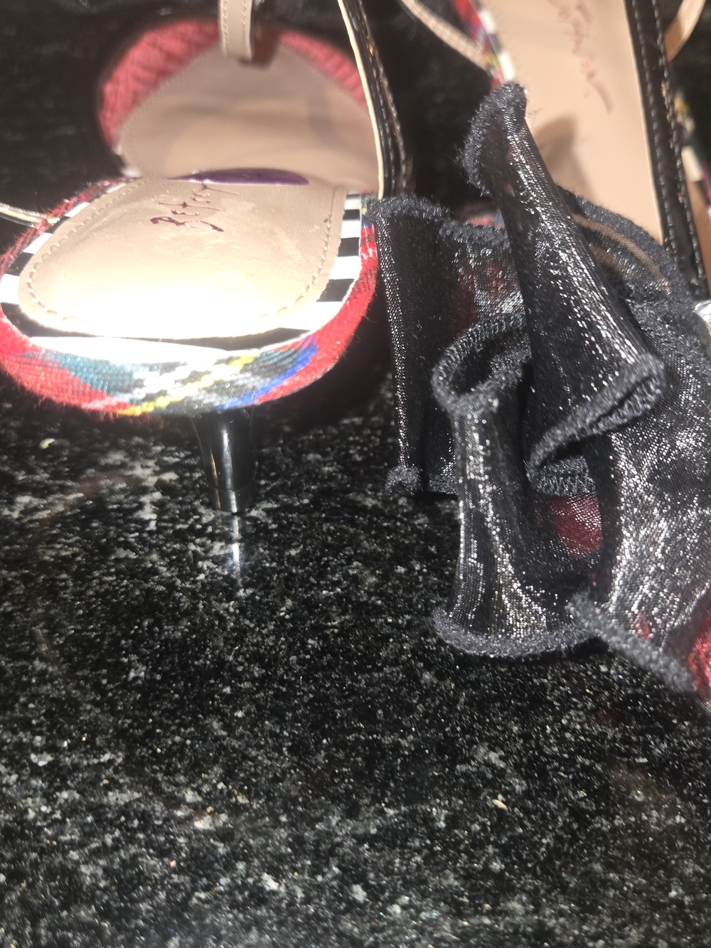 Betsey Johnson Black Patent T-Strap Pointed Heel with Red Plaid Toe - Picture 5 of 5